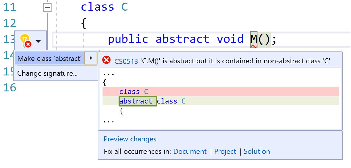 Screenshot of Make class abstract.