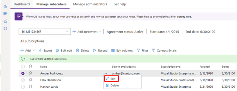 Screenshot of the flyout menu. Select the ellipsis and choose Edit. Select subscriber to edit