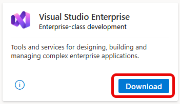Screenshot of the Visual Studio Enterprise tile and accompanying Download button. Screenshot of the Visual Studio Enterprise tile and accompanying 'Download' button.
