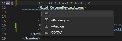 Screenshot of the XAML code editor right-click add comments dialog.