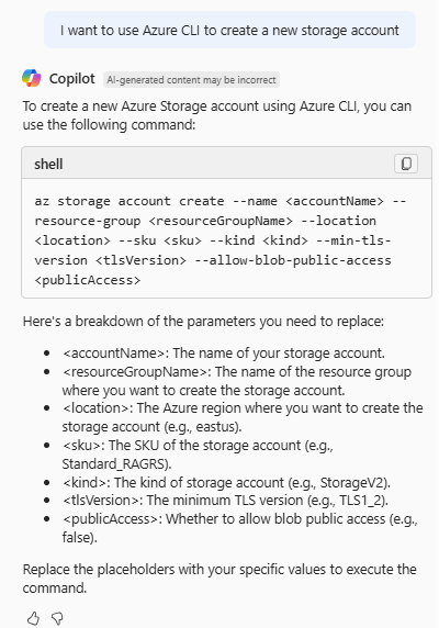 Screenshot di Azure Copilot che fornisce i comandi CLI di Azure per creare un account di archiviazione.