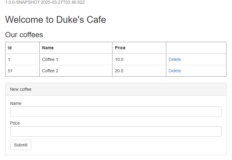 Screenshot che mostra l'applicazione Java liberty distribuita correttamente in App Azure Container.