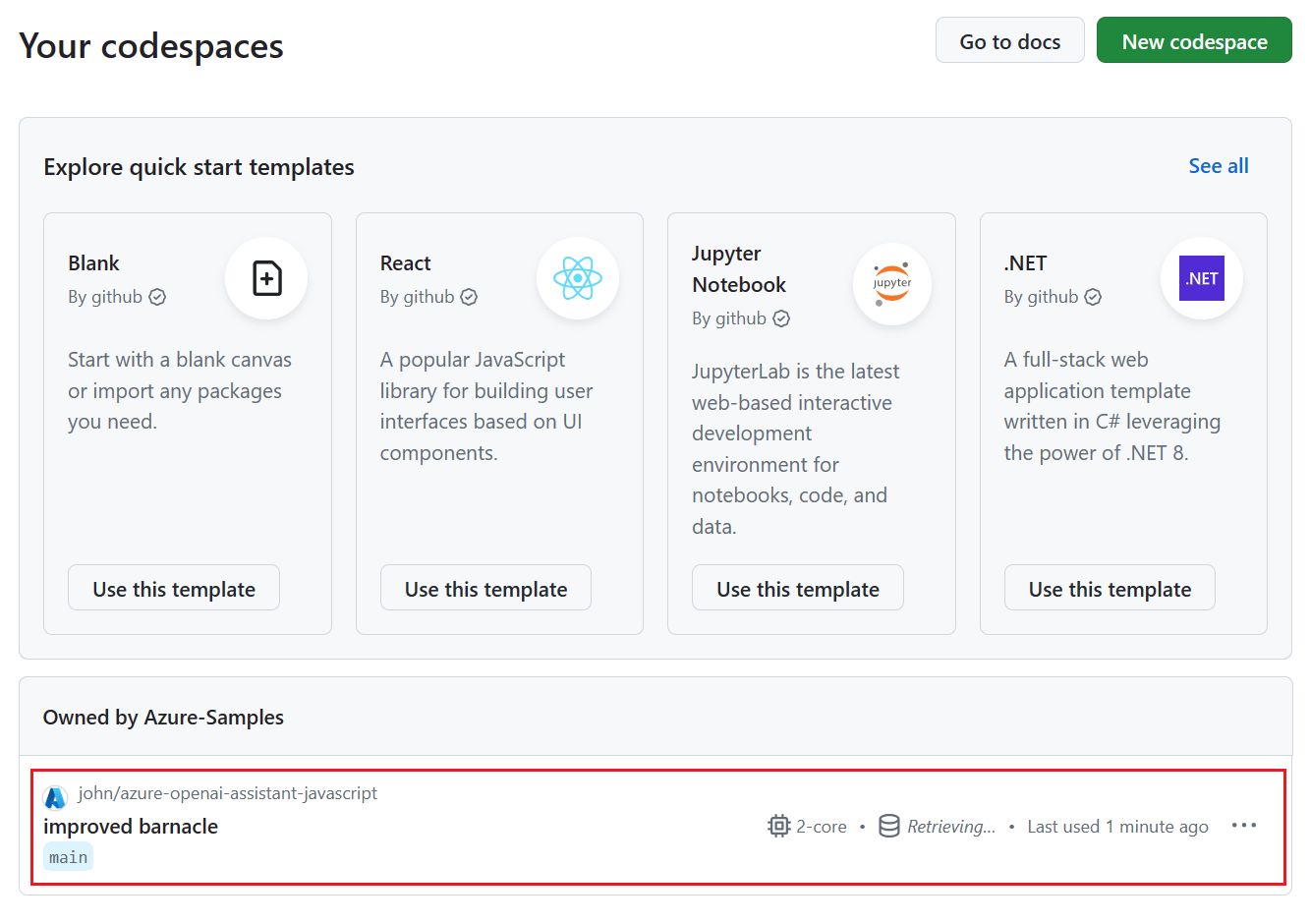 Schermata di tutti i Codespace in esecuzione con il relativo stato e i relativi modelli.