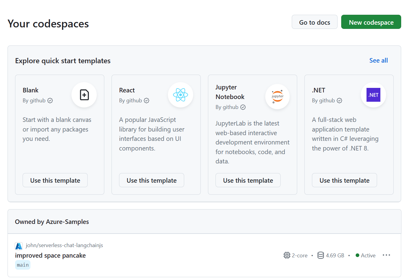 Screenshot di tutti i Codespace attualmente in esecuzione, inclusi il loro stato e i relativi modelli.