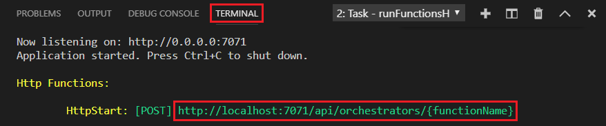 Screenshot dell'output locale di Funzioni di Azure nel terminale che mostra l'URL dell'endpoint HTTP.