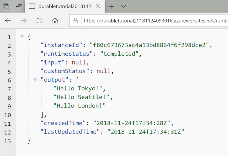 Screenshot dell'app Python Durable Functions sviluppata e in esecuzione su Azure.