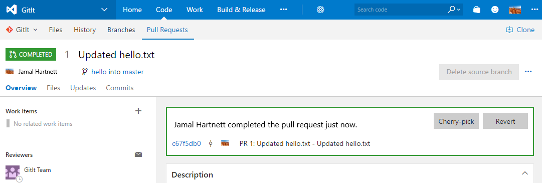 Screenshot dell'esempio di interfaccia utente della richiesta pull.