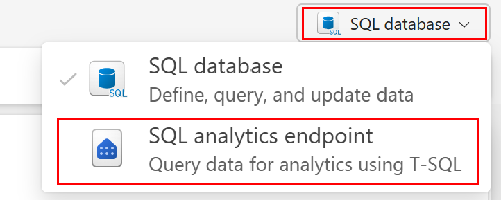 Screenshot del portale di Fabric che mostra l'elenco a discesa dell'editor di query contenente le opzioni per il database SQL e l'endpoint di analisi SQL.