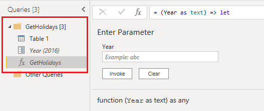 Screenshot del riquadro Query con la funzione personalizzata Get Holidays e i relativi dati evidenziati.
