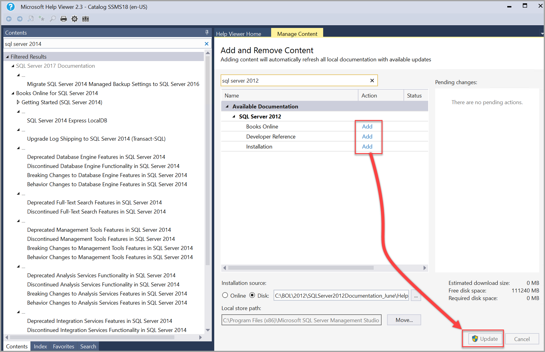 Aggiungi e aggiorna i libri di SQL Server 2012 nel Visualizzatore della guida