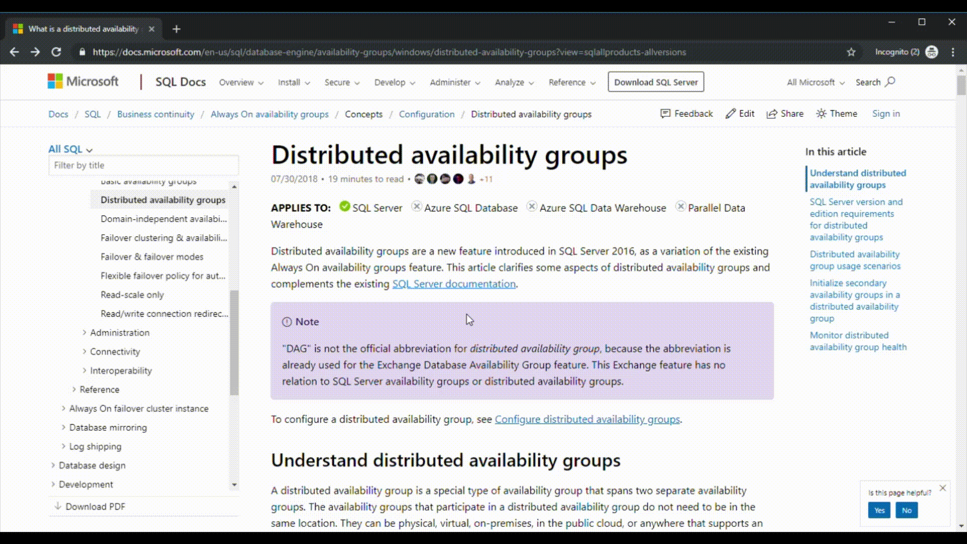 Screenshot che mostra i breadcrumbs della documentazione SQL.