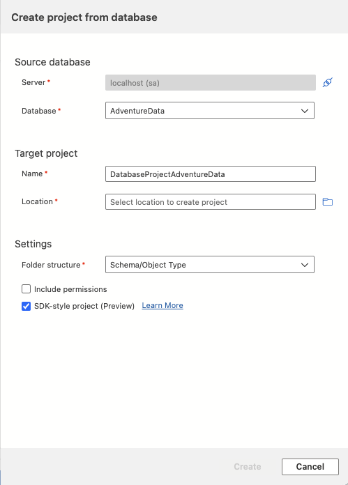 Screenshot della finestra di dialogo Crea progetto dal database in Visual Studio Code.