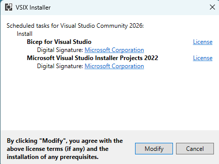 Screenshot della finestra di dialogo del programma di installazione VSIX in Visual Studio.