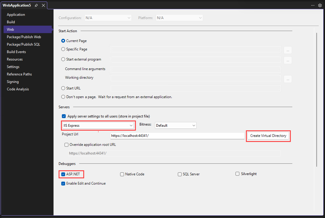 Screenshot che mostra ASP.NET impostazioni del debugger.