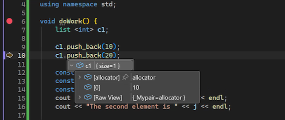 Screenshot che mostra come visualizzare i suggerimenti per i dati per le variabili di codice nel debugger Visual Studio.