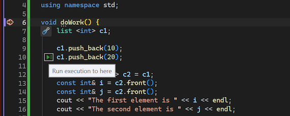 Screenshot che illustra come usare l'azione Esegui per fare clic nel debugger Visual Studio.