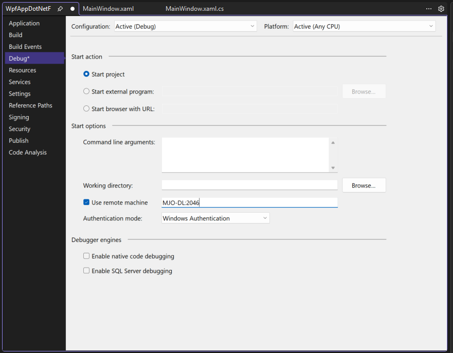 Screenshot della scheda Debug nelle Proprietà del Progetto di Visual Studio. La proprietà Use remote machine è impostata su 'MJO-DL:4026'.