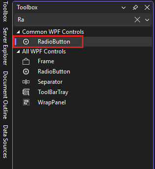 Screenshot che mostra la finestra casella degli strumenti con il controllo RadioButton selezionato nell'elenco di controlli macchine virtuali Windows comuni.