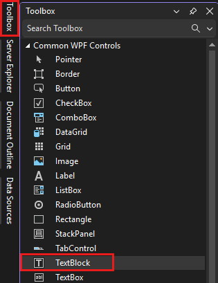 Screenshot che mostra la finestra della Barra degli strumenti con il controllo TextBlock evidenziato nell'elenco dei controlli macchine virtuali Windows comuni.
