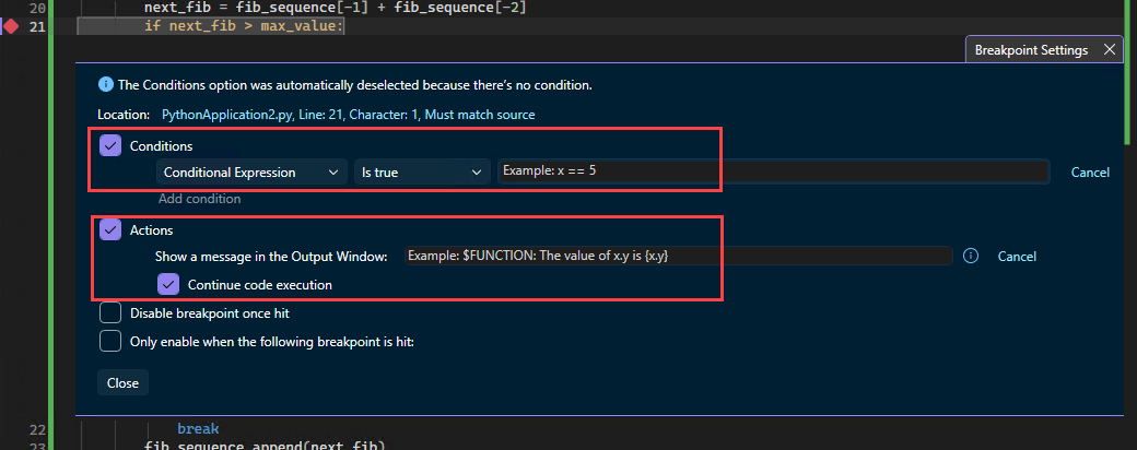 Screenshot che mostra come creare azioni di tracepoint per un punto di interruzione in Visual Studio.
