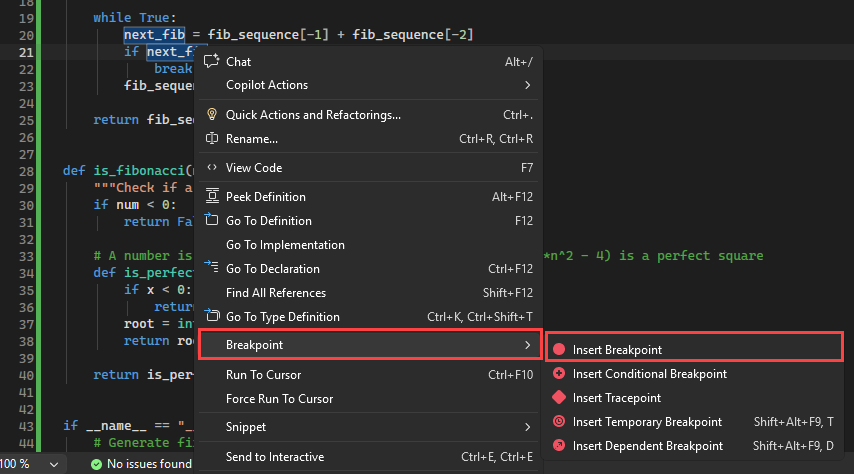 Screenshot che mostra come i punti di interruzione vengono visualizzati nel margine sinistro del file di codice in Visual Studio.