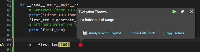 Screenshot che mostra un popup di eccezione per un errore non gestito nel debugger di Visual Studio.