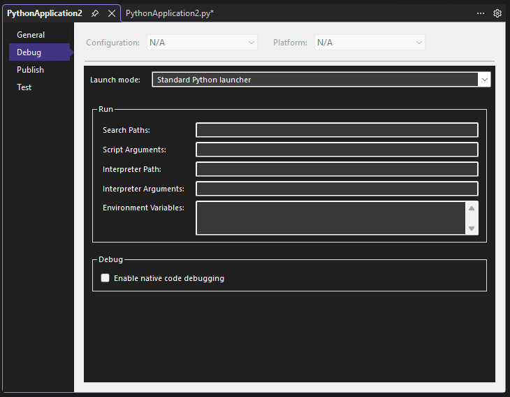 Screenshot che mostra le proprietà di debug del progetto Python nel debugger Visual Studio.