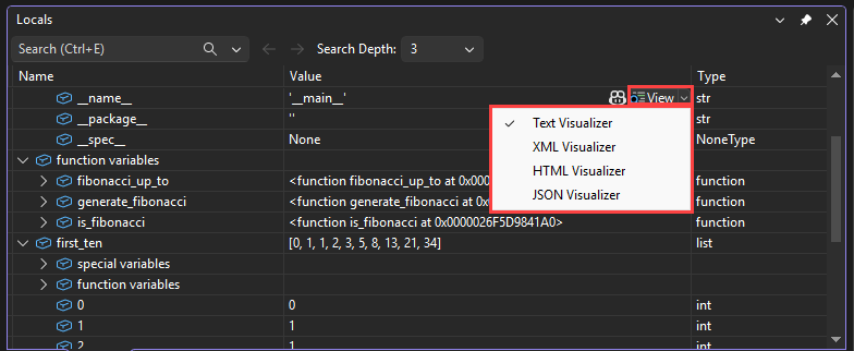 Screenshot che illustra come accedere ai visualizzatori dalla lente di ingrandimento View nel debugger Visual Studio.