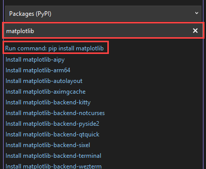 Screenshot che mostra come installare la libreria matplotlib per l'ambiente selezionato nella finestra Ambienti Python in Visual Studio.