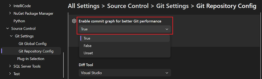 Screenshot che mostra l'opzione 'Abilita il commit graph per migliorare le prestazioni di Git' per un repository locale.
