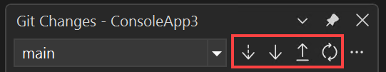 Screenshot che mostra la finestra Modifiche Git con i controlli pulsante Fetch, Pull, Push e Sync evidenziati in Visual Studio.