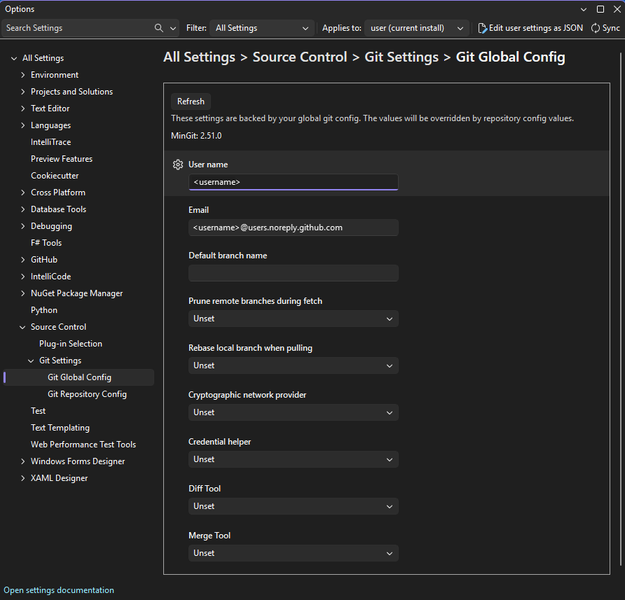 Screenshot del riquadro Opzioni in cui è possibile scegliere le impostazioni di personalizzazione e configurazione nell'IDE di Visual Studio.