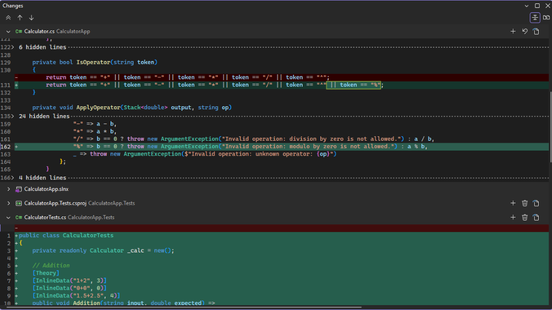 Screenshot che mostra le righe modificate da più file in una visualizzazione di riepilogo unificata.